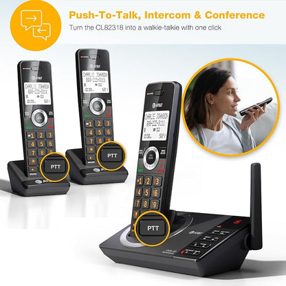AT&T CL82318 3-Handset Expandable DECT 6.0 Cordless Phone, Charcoal Black | Large Display, Big Buttons, Answering Machine, Smart Call Blocker, Long Range