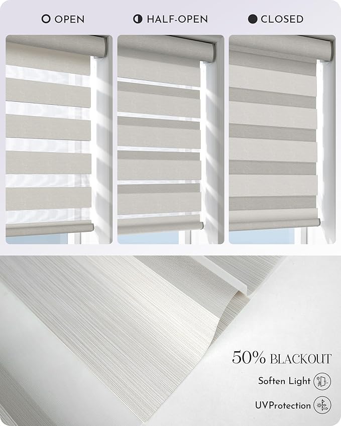 Graywind Motorized Zebra Blinds for Windows, Darkening Hardwired Smart Blinds with Remote Control, Dual Layer Custom Zebra Shades Work with Alexa, Google Home, Apple Homekit, Linen Vanilla