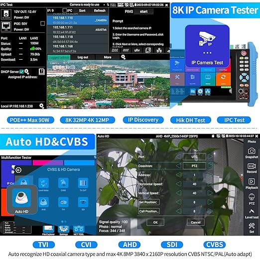 Rsrteng IPC-9800MOVTADHS Pro Full Features CCTV Camera Tester 8K 32MP IP Camera Tester wtih POE++ Max 90W, CCTV Tester with 4K TVI CVI AHD SDI Support DMM OPM TDR 1CH SFP HD VGA WiFi Network Tools