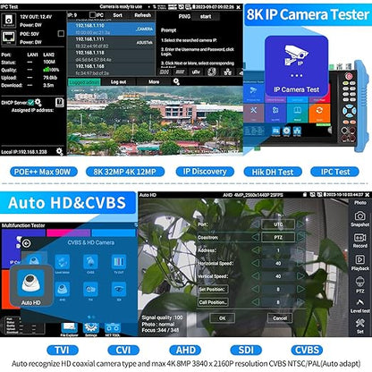 Rsrteng IPC-9800MOVTADHS Pro Full Features CCTV Camera Tester 8K 32MP IP Camera Tester wtih POE++ Max 90W, CCTV Tester with 4K TVI CVI AHD SDI Support DMM OPM TDR 1CH SFP HD VGA WiFi Network Tools