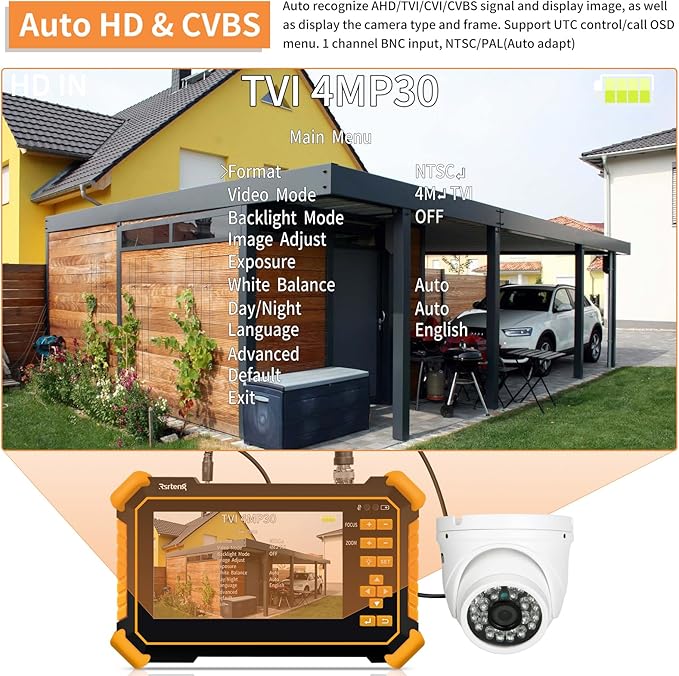 Rsrteng CCTV Tester Monitor Auto HD Coaxial Camera Tester 4K 8MP TVI/CVI/AHD/CVBS Analog Video Monitor 4.3 inch TFT-LCD Screen PTZ Control RS485 Call OSD Menu Audio DC12V Power Output