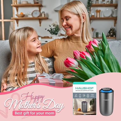 HAUSHOF Waterless Essential Oil Diffuser for Home & Car, Smart Aromatherapy Scent Diffuser with Auto On/Off, 3 Mist Levels & 3 Color Lights, Rechargeable Portable Design, Premium Silver Metal Finish