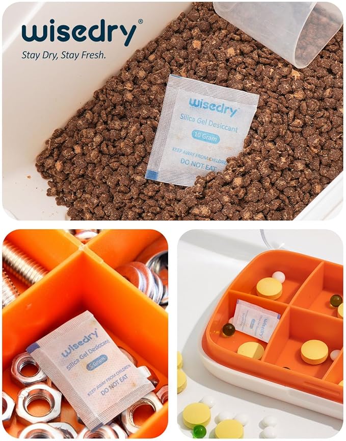 wisedry 5 Gram [60 Packs] Food Grade Silica Gel Packets, Rechargeable Food Safe Desiccant with Color Indicating Beads, Reusable Moisture Absorbers for Food Storage, Electronics, 3D Filament & Safe