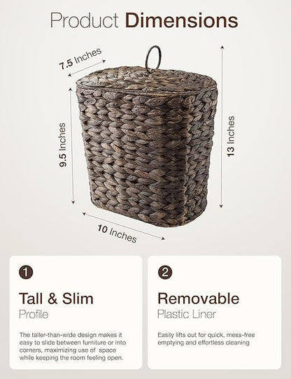 Tidita Wicker Waste Basket - Wicker Trash Can with Lid - Water Hyacinth Bathroom Garbage Can with a Lid - Bathroom Trash Can Boho Style - Removable Liner, Iron Frame (Black, 1.5 Gallons)