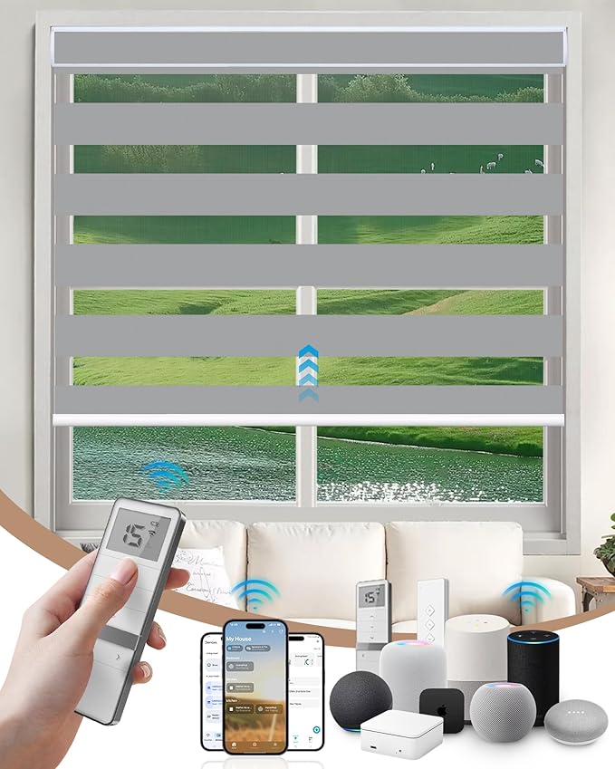 Kincmo Motorized Blinds with Remote, Motorized Zebra Shades Work with Apple Homekit,Alexa,Google Home, Customized Electric Blinds with Remote,App,Voice Control (95% Blackout Gabriel Grey)