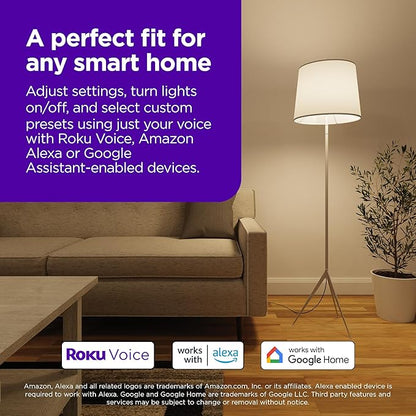 Roku Smart Light Bulbs (White, 4-Pack) - Dimmable A19 Lightbulbs with Adjustable Brightness & Temperature - WiFi Smart Bulbs Works with Roku Voice, Alexa & Google Assistant, No Hub Required