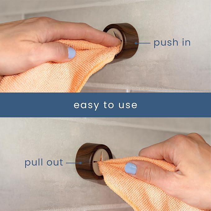 S&T INC. Adhesive Push Towel Hooks, 4 Pack, Walnut | 2 Installation Options, Round Hooks for Kitchen, Bathroom, Garage and Home Use, Organization Hooks, Strong Grip