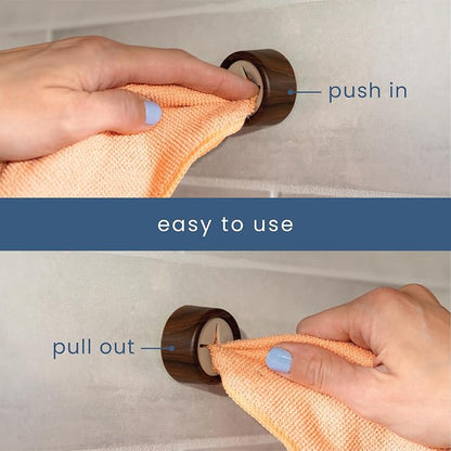 S&T INC. Adhesive Push Towel Hooks, 4 Pack, Walnut | 2 Installation Options, Round Hooks for Kitchen, Bathroom, Garage and Home Use, Organization Hooks, Strong Grip