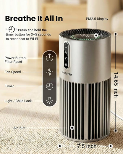 Smart Air Purifiers for Bedroom Home Pets, Timer and Alexa Control, Cover 1800 Ft² with PM2.5 Monitor, WiFi HEPA Air Purifier with Sleep Mode, Washable Filter Air Cleaner for Odors Smoke Dust