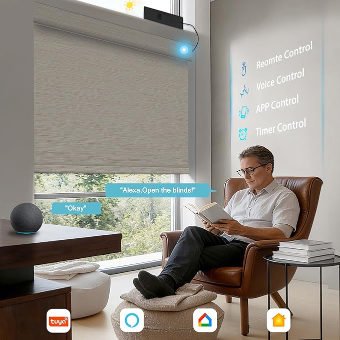 BERISSA Smart Motorized Blinds with Remote,No Drill Automatic Roller Blinds for Indoor Windows,Blackout Linen Fabric,Electric Shades for Windows Home Office,Maze Beige,Custom Size