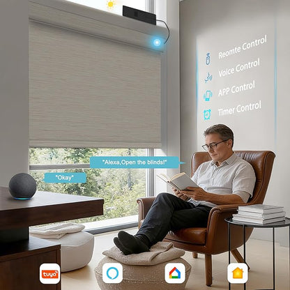 BERISSA Smart Motorized Blinds with Remote,No Drill Automatic Roller Blinds for Indoor Windows,Blackout Linen Fabric,Electric Shades for Windows Home Office,Maze Beige,Custom Size