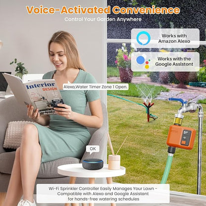 WiFi Water Timer for Garden Hose, Smart Sprinkler Timer with 984ft Long Range, Strong Wall Penetration, APP & Remote Control, Voice Control, Rain Delay, Manual Mode, Watering System (1 Outlet,2pcs)