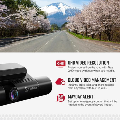 Cobra Smart Dual View Front and Cabin Dash Cam (SC 220C) - QHD 1440P Resolution, 360 Alerts, Parking Live View, Incident Reports, Emergency MayDay, 16 GB SD Card Included, CarPlay & Android Auto