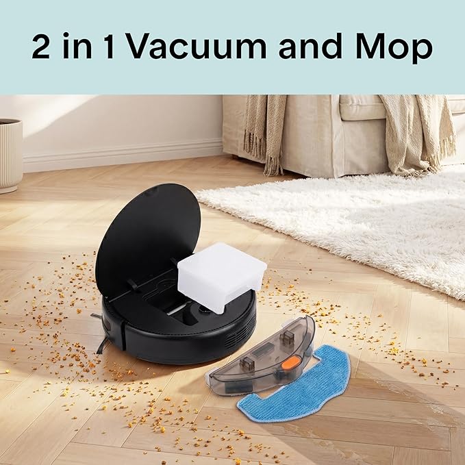 SereneLife Automatic Robot Vacuum Cleaner and Mop Combo, App Control, 3 Cleaning Modes, Smart Anti-Fall Sensors, Self-Charging, High Suction Ideal for Pet Hair, Carpet and Hard Floors, Black