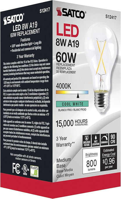 Satco Dimmable LED Filament A19 Light Bulbs, 8 Watt, 800 Lumens, 4000K Cool White, 90+ CRI, Clear Finish, E26 Medium Base, 120 Volt, Dimmable, Wet Location, Residential & Commercial, 6 Pack