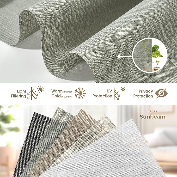HeyBlinds Motorized Blinds with Remote, Smart Roller Shades with App & Voice Control, Work with Alexa Google HomeKit, Light Filtering Custom Shades for Living Room Office (Sunbeam-Olive Green LF)