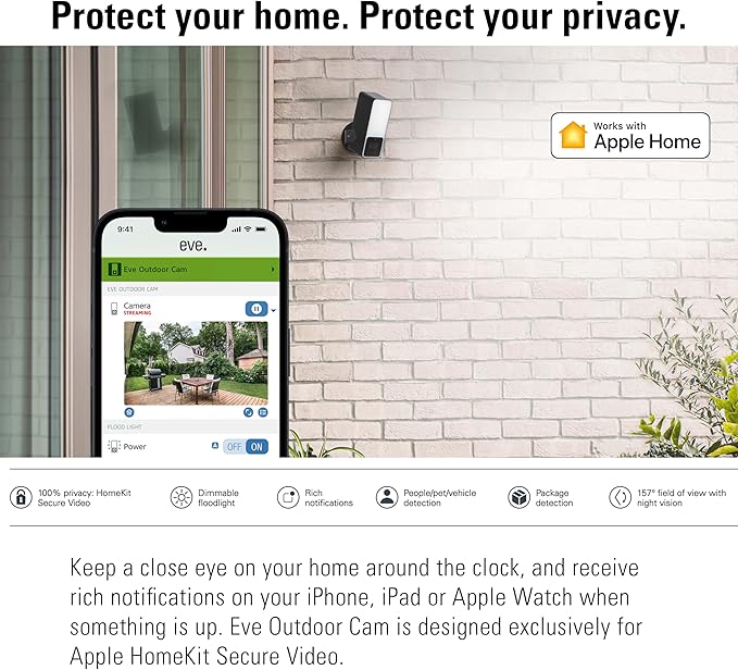 Eve Outdoor Cam – Secure floodlight Camera, Maximum Security & Privacy (HomeKit Secure Video), 1080p, Night Vision, Wi-Fi (2.4 GHz), Motion Sensor, Two-Way Communication, People/pet/Vehicle Detection