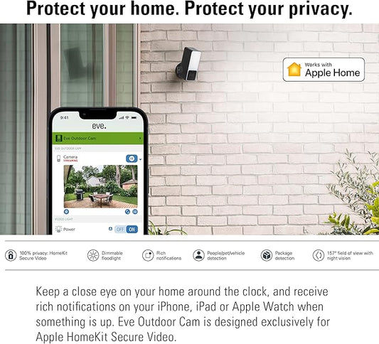 Eve Outdoor Cam – Secure floodlight Camera, Maximum Security & Privacy (HomeKit Secure Video), 1080p, Night Vision, Wi-Fi (2.4 GHz), Motion Sensor, Two-Way Communication, People/pet/Vehicle Detection