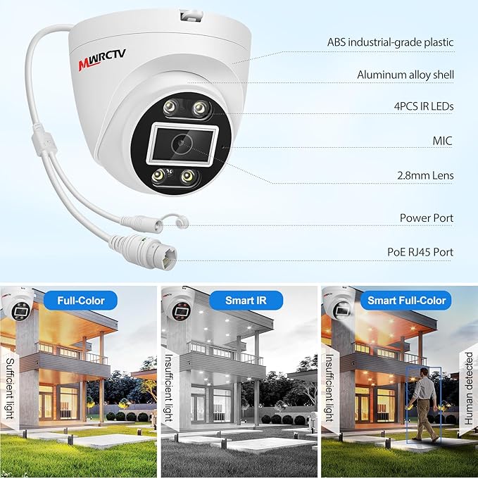 MWRCTV 4K PoE Security Camera System,16 X 8MP Wired Dome PoE Cameras for Home Security,2.8mm Wide Angle Lens,Smart Dual Light,AI Human/Vehicle Detection,16 Port 16CH 4K NVR(NO HDD Include)