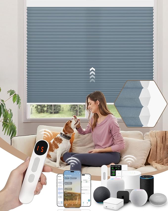 Kincmo Motorized Cellular Shades, Custom Motorized Blinds with Remote, Cordless Smart Electric Honeycomb Blinds Work with Apple HomeKit, Alexa, Google (75%-Blackout-Single-Cell Blue)