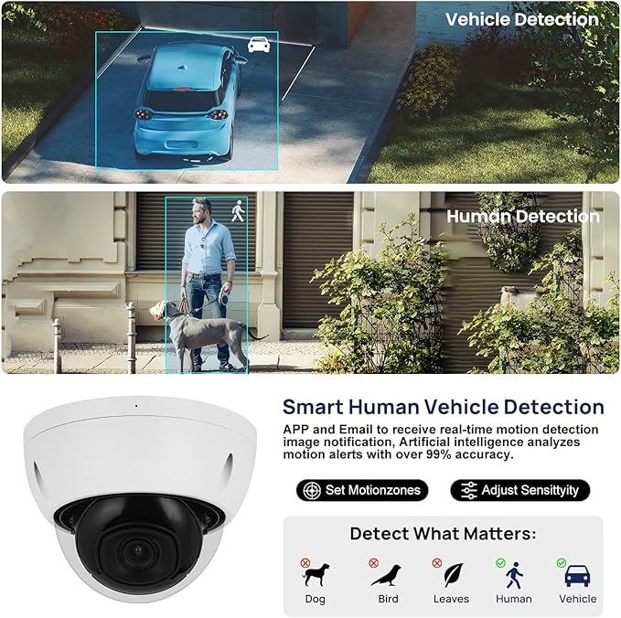 DahuaSecurity 4K 8MP PoE IP Camera, Outdoor Surveillance Dome Camera with Human Vehicle Detection, Home Camera IR Wired Cam with 98ft Night Vision IK10/IP67 (Dome-FB-8MP-a)