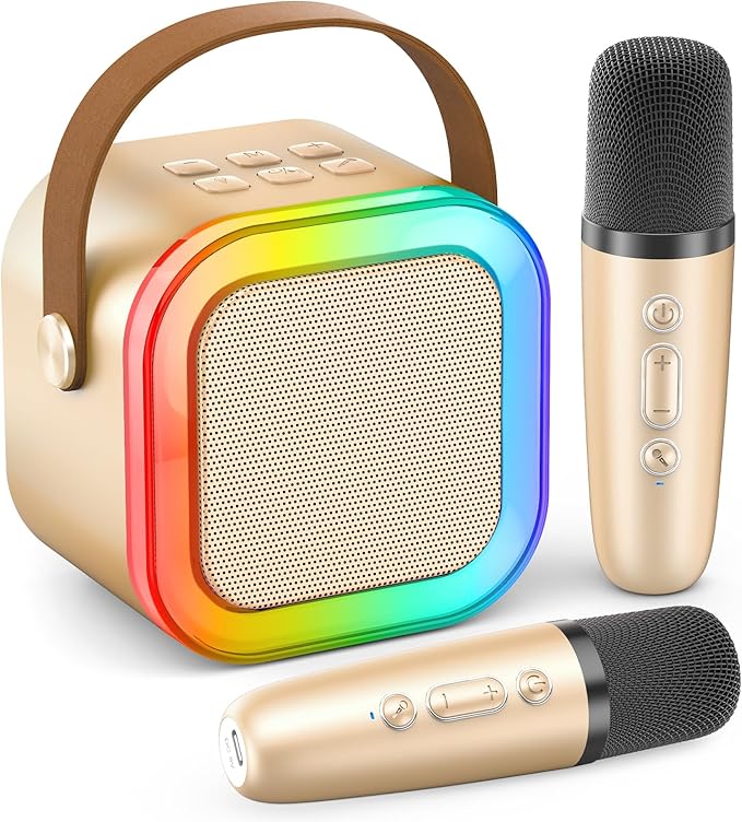 Mini Karaoke Machine for Kids Adults, 2026 TOP Birthday Gifts for Girls Boys 3,4,5,6,7,8+Year Old Toddler Toys, Portable Bluetooth Speaker with 2 Wireless Karaoke Microphones Player (Gold)