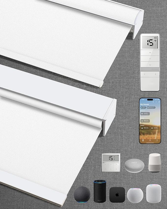 Motorized Blinds with Remote: Kincmo 100% Blackout Roller Shades Work with Apple Homekit,Alexa,Google Home, Customized Electric Blinds with App,Voice Control (100% Blackout Essential White)