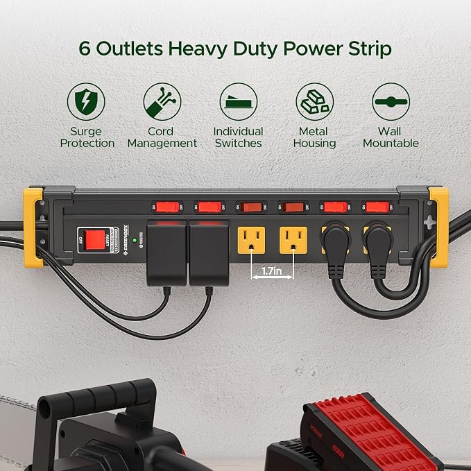 6 Outlet Heavy Duty Surge Protector Power Strip with Individual Switches