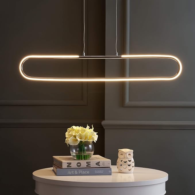 JONATHAN Y Ned 39" Integrated LED Linear Pendant Dimmable Metal, Chrome | Modern Adjustable Height Chandelier, Kitchen Island Light, 3000K, 1690 Lumens, ETL Listed, Clear Cord, Minimalist Decor
