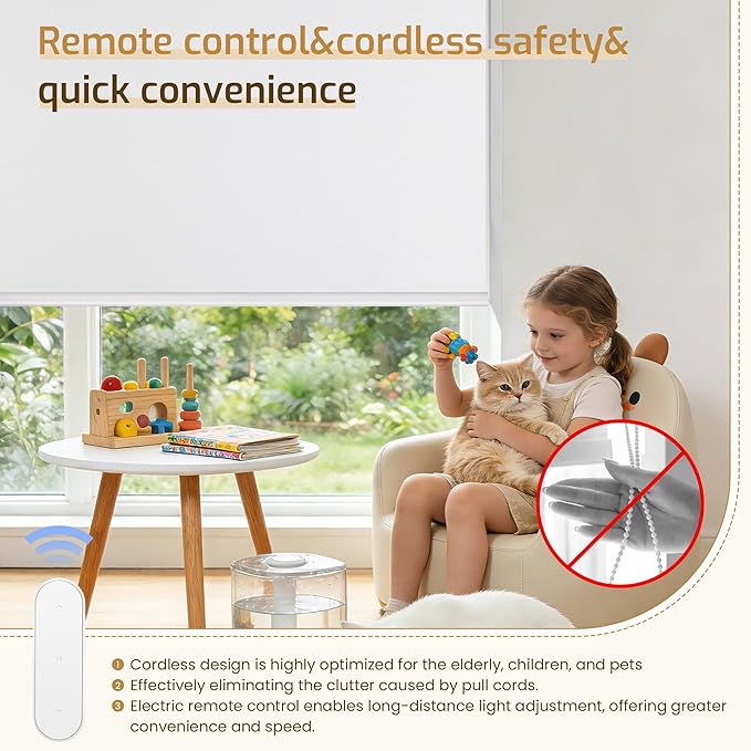 Grandekor Motorized Blinds with Remote | Blackout Cordless Electric Roller Shade Window Treatments, Compatible with Alexa/Google Assistant, for Bedroom, Living Room & Office,White|36" W x 72" H