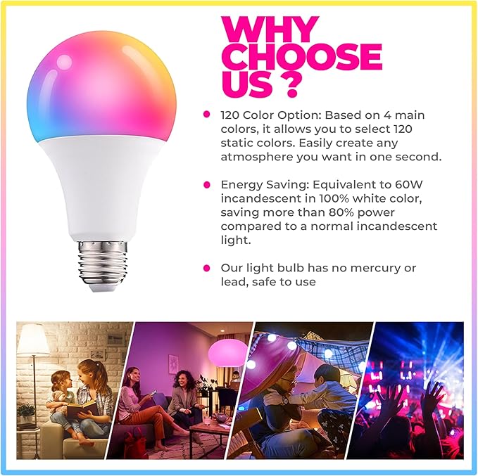 Droiee Dimmable E26 Warm LED Light Bulb, 6W RGBW Color 500LM with 16 Color Changing Modes for Christmas, Party etc with Remote Control 2 Pack, White, Dr-2024