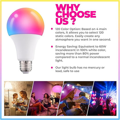 Droiee Dimmable E26 Warm LED Light Bulb, 6W RGBW Color 500LM with 16 Color Changing Modes for Christmas, Party etc with Remote Control 2 Pack, White, Dr-2024