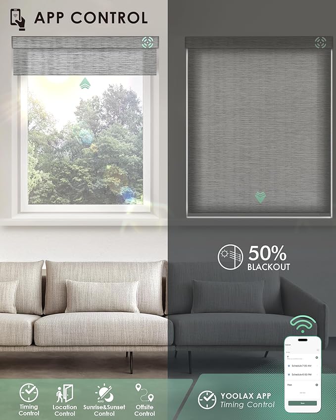 Yoolax Motorized Blinds with Remote, Light Filtering Smart Blinds Work with Alexa, Google, Automatic Roller Shades for Windows, Custom Electric Shades for Living Room Office (V-Jungle Greyish White)