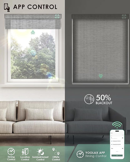 Yoolax Motorized Blinds with Remote, Light Filtering Smart Blinds Work with Alexa, Google, Automatic Roller Shades for Windows, Custom Electric Shades for Living Room Office (V-Jungle Greyish White)