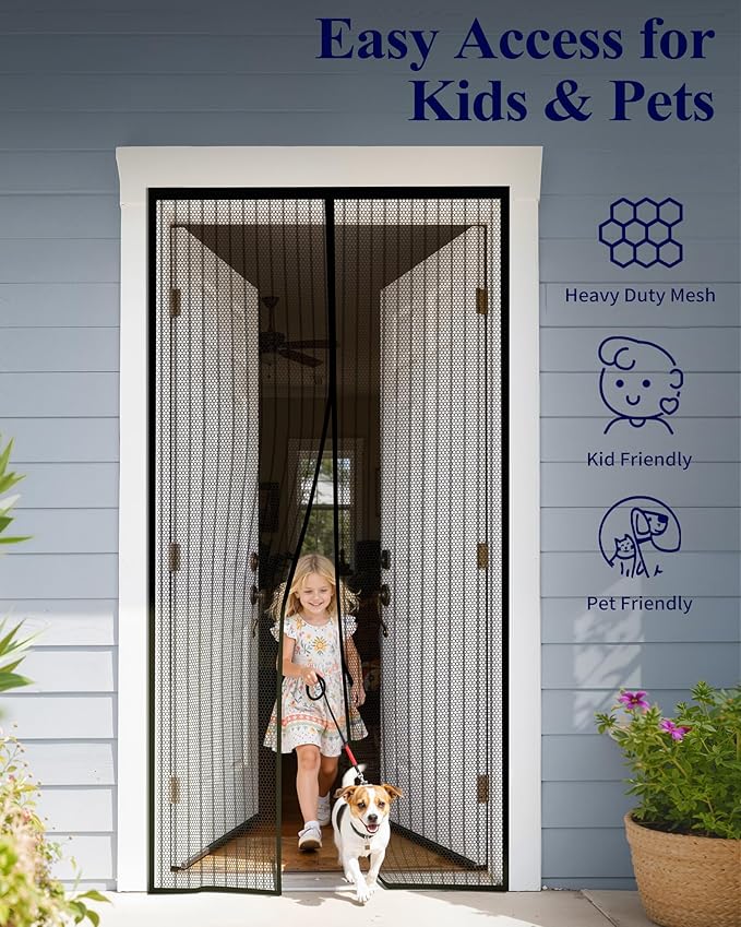 Kitsure Magnetic Screen Door - 38.0 x 82.0 in Retractable Screen Door Mesh for Front Door or Sliding Door, Pet & Kid Friendly, Hands-Free Closure Keeps Bugs Out & Lets Breeze in, Stripe Black