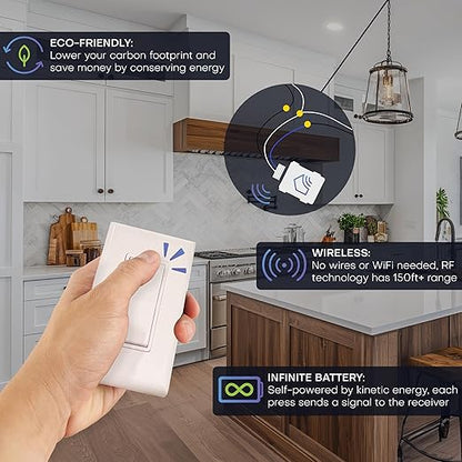 RunLessWire Single Pole Battery-Free DIY Wireless Light Switch Kit 150ft RF Range Self-Powered by Kinetic Energy for Fixtures & Outlets : 1 Remote Switch Controls 1 5A On/Off Receiver Light Almond