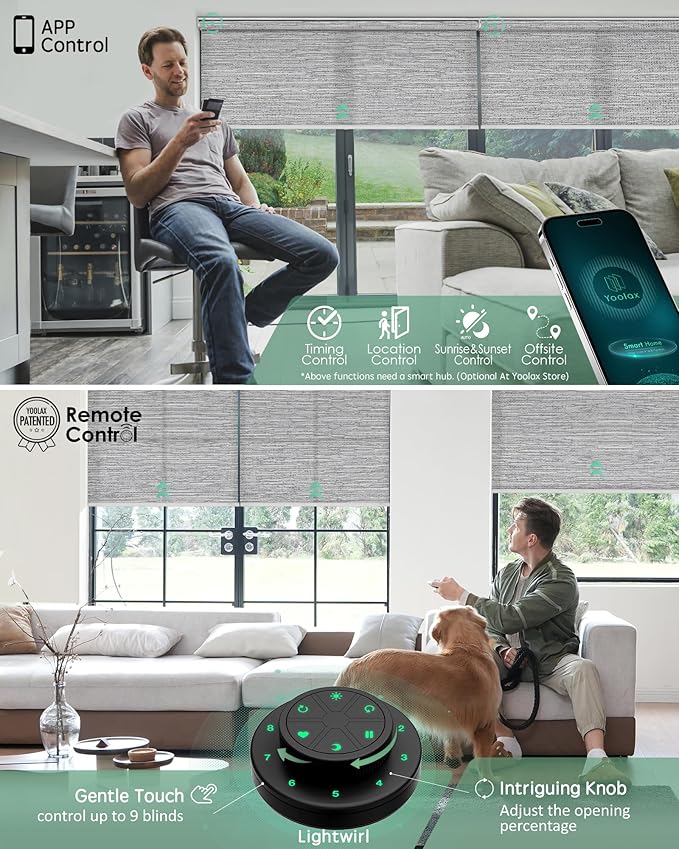Yoolax Motorized Blinds with Remote, Light Filtering Smart Roller Shades Work with Alexa, Google, Apple Homekit, Custom Automatic Shades with Voice Control for Living Room (Foggy Gray)