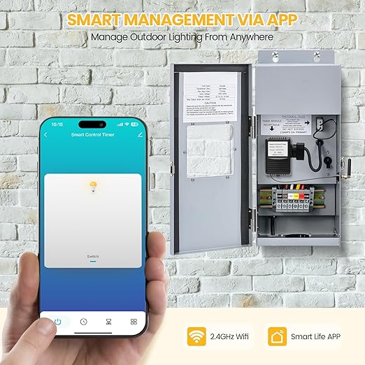 WiFi Smart Socket Timer for Low Voltage Landscape Lighting, App & Voice Control with Alexa/Google, 4 Smart Modes, 2.4GHz Wi-Fi, Easy to Install
