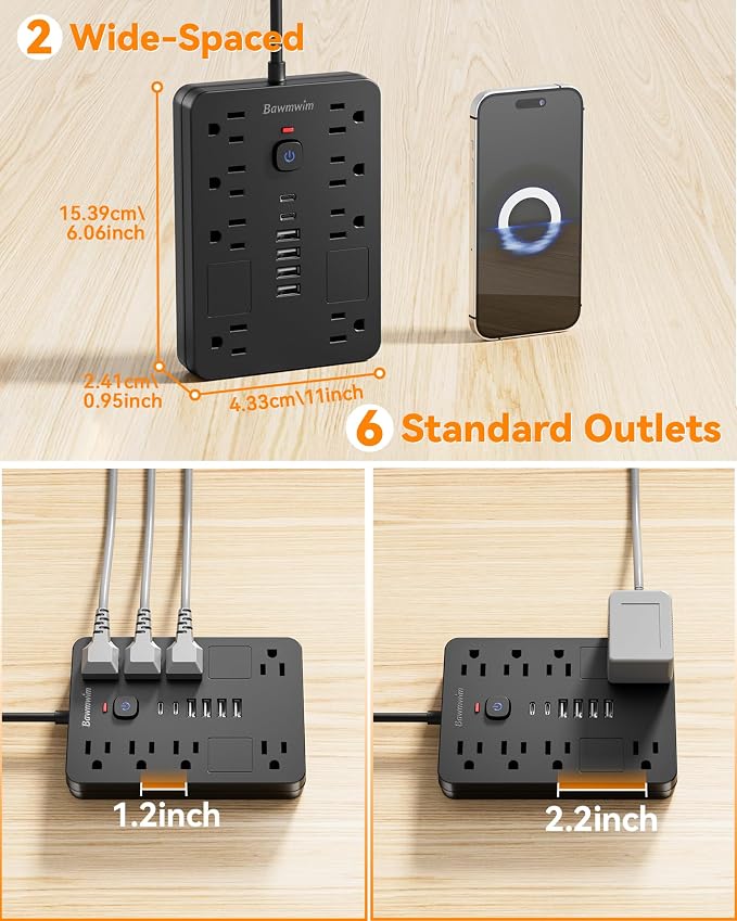 Surge Protector Power Strip - 11 Outlets(1850W/15A/14AWG) with 6 USB Ports(2 USB C), 6/10FT Flat Plug Extension Cord, Wall Mount, Black, ETL Listed for Home, Dorm Room