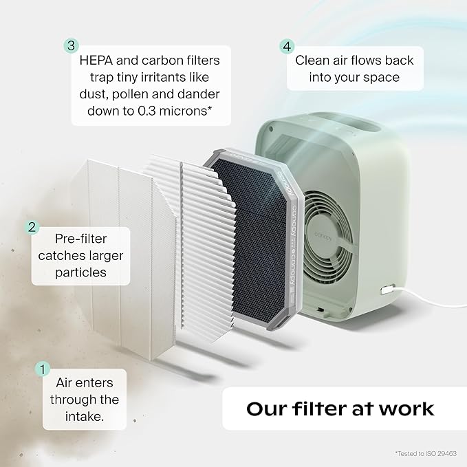 Canopy Bedside Air Purifier | Up To 99.97%* HEPA-13 Filtration | Remove Dust, Pollen & Pet Dander | Night Light & White Noise | Air Quality Sensor | Quiet Fan for Sleep | Filter & Adapter Included