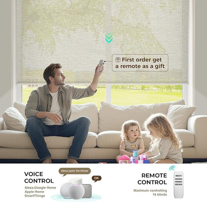 HeyBlinds Motorized Blinds with Remote, Smart Roller Shades with App & Voice Control, Work with Alexa Google HomeKit, Light Filtering Custom Shades for Living Room Office (Sunbeam-Light Camel LF)