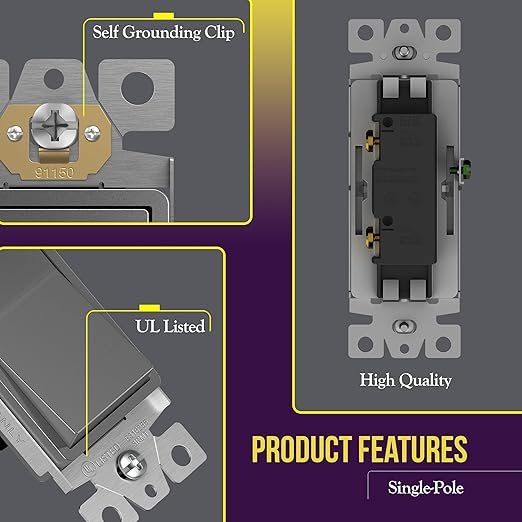 ENERLITES Elite Series Decorator Switch, Paddle Rocker Light Switch, Single Pole, 3 Wire, Grounding Screw, Residential Grade, 15A 120V, UL listed, 91150-SG, Space Gray