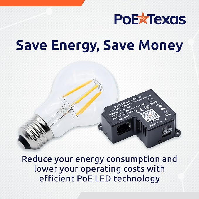 PoE Texas - PoE Lighting Plug and Play Kit with 24V LED Driver, 3X 2700K 6W LED Light Bulbs, Wireless Light Switch - Efficient 6 Watt led Light Bulbs, 40 Watt Equivalency, Soft Warm White A19 Bulb