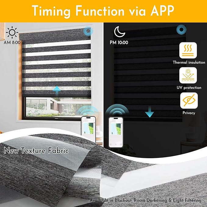 Persilux No Drill Motorized Zebra Blinds with Remote, Automatic 65% Blackout Smart Zebra Shades, Dual Layer Privacy, Linen Fabric, Pebble, RS2255-10