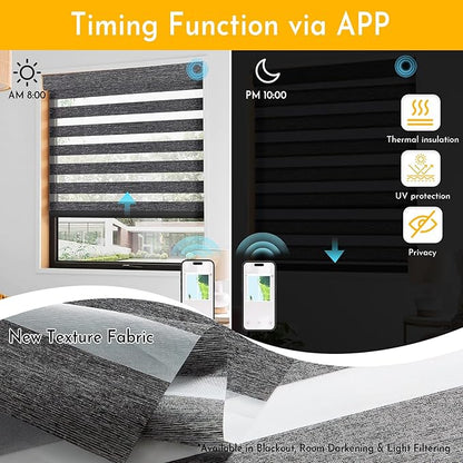 Persilux No Drill Motorized Zebra Blinds with Remote, Automatic 65% Blackout Smart Zebra Shades, Dual Layer Privacy, Linen Fabric, Pebble, RS2255-10
