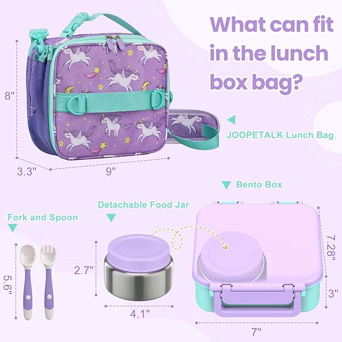 JOOPETALK Bento Lunch Box Set for Kids with 9oz Soup Thermo, Insulated Lunch Bag,Leak-proof BPA-free Lunch Food Container with 3-4 Conpartments for School Travel-Pur-blue