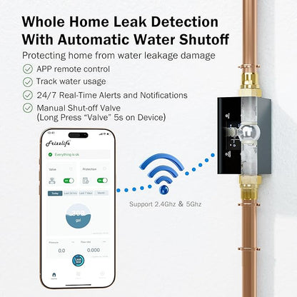 Frizzlife LP365-P Smart Water Monitor and Automatic Shutoff - 0.01 GPM Ultrasonic Micro Leak Detection, Wi-Fi / APP Control, Pressure+Flow Monitoring, 24/7 Water Usage Reports, Fits 1.25" and 1"
