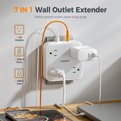 TESSAN Multi Plug Outlet Extender, Surge Protector Outlet 3 USB (1 USB C) | Wall Charger, Multiple Outlet Wall Plug, USB Outlet Splitter for Home, Bathroom, Office, Dorm Room Essentials, Gray