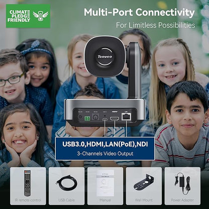 Tenveo 4K NDI PTZ Camera, AI Humanoid & Face Auto-Tracking, 20X Optical + 8X Digital Zoom, USB3.0/HDMI/LAN PoE IP Live Streaming for Church Worship Broadcast Events Video Conference YouTube OBS