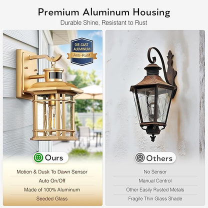 VIANIS Motion Sensor Exterior Lights for House, 2 Pack Dusk to Dawn Outdoor Lighting, Gold Outdoor Sconce Lantern, Waterproof, Weather Resistant Porch Lights Outside for House, Garage, Front Door